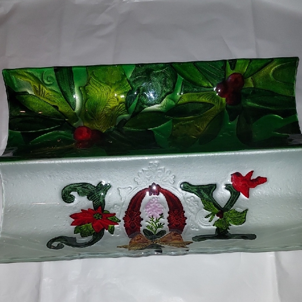 Christmas Green and Red Glass Art Decor/ Serving Platter..